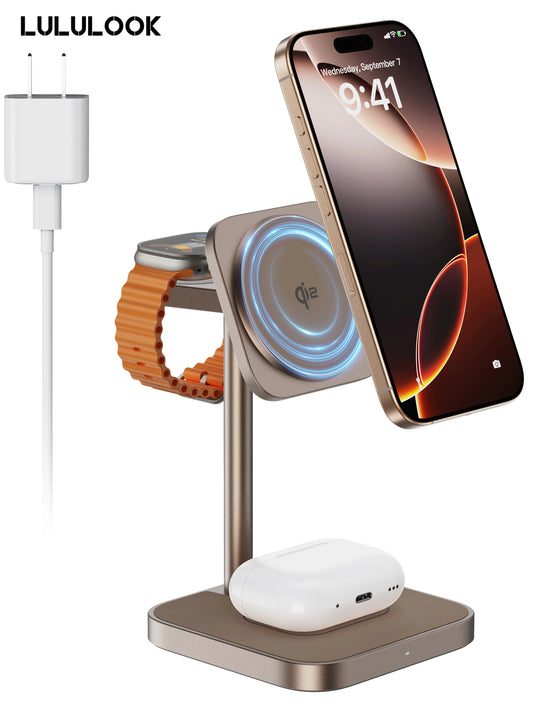 LULULOOK Qi2 3 in 1 Wireless Charging Station Aluminum,Fast 15W Mag-Safe Charger Stand for Iphone 17 16 15 14,5W for Apple Watch