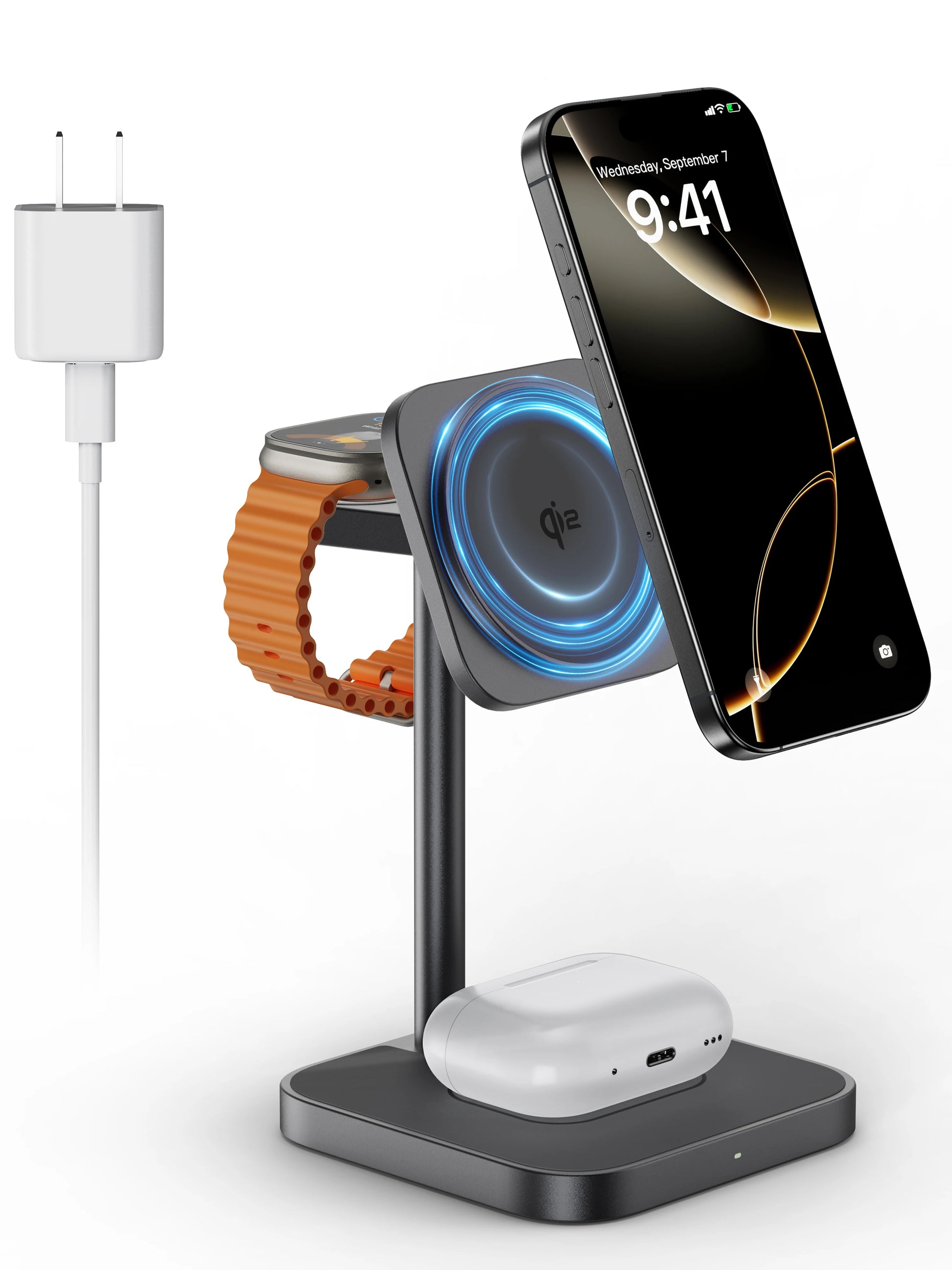LULULOOK Qi2 3 in 1 Wireless Charging Station Aluminum,Fast 15W Mag-Safe Charger Stand for Iphone 17 16 15 14,5W for Apple Watch