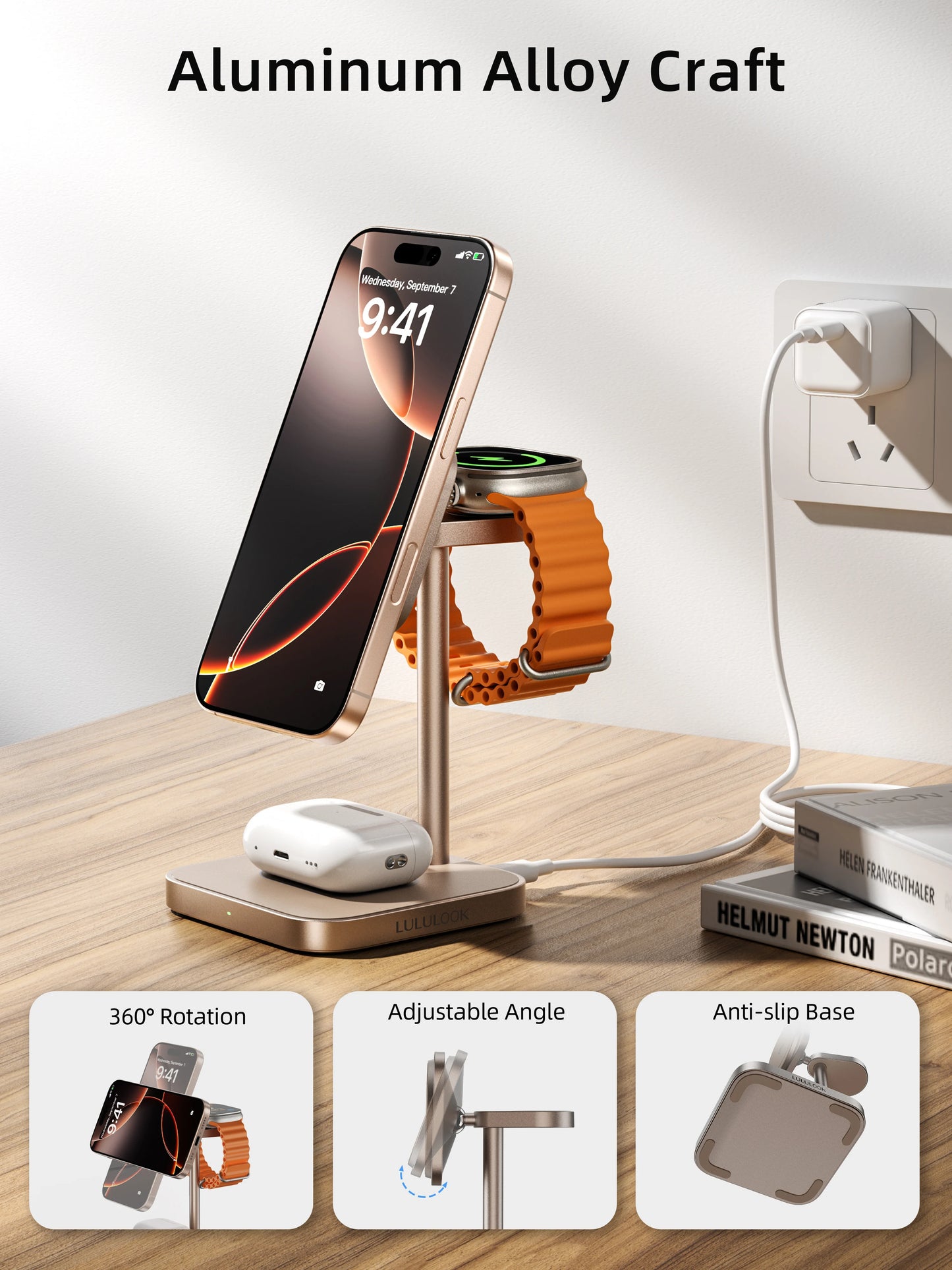 LULULOOK Qi2 3 in 1 Wireless Charging Station Aluminum,Fast 15W Mag-Safe Charger Stand for Iphone 17 16 15 14,5W for Apple Watch