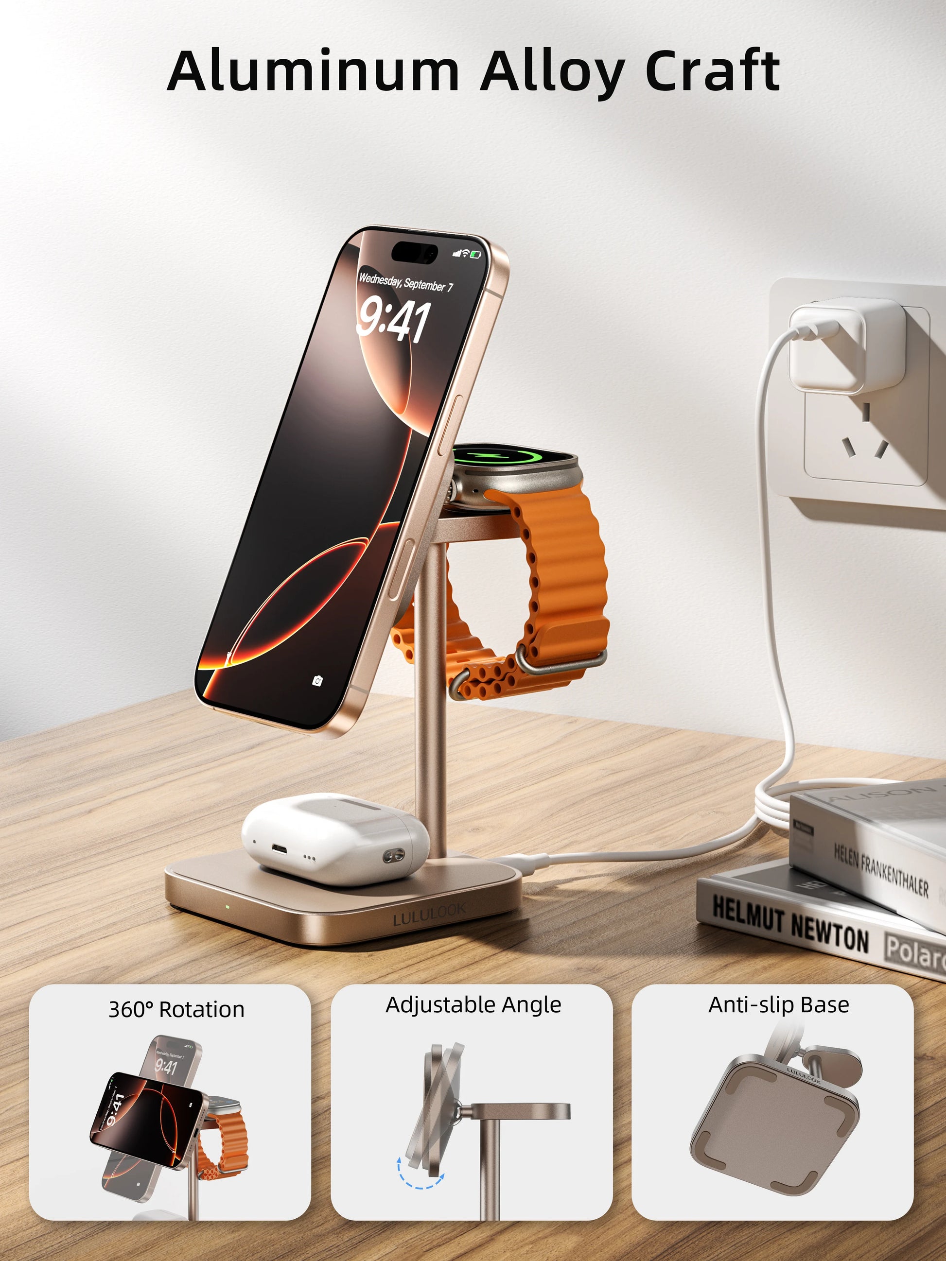 LULULOOK Qi2 3 in 1 Wireless Charging Station Aluminum,Fast 15W Mag-Safe Charger Stand for Iphone 17 16 15 14,5W for Apple Watch