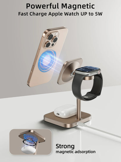 LULULOOK Qi2 3 in 1 Wireless Charging Station Aluminum,Fast 15W Mag-Safe Charger Stand for Iphone 17 16 15 14,5W for Apple Watch